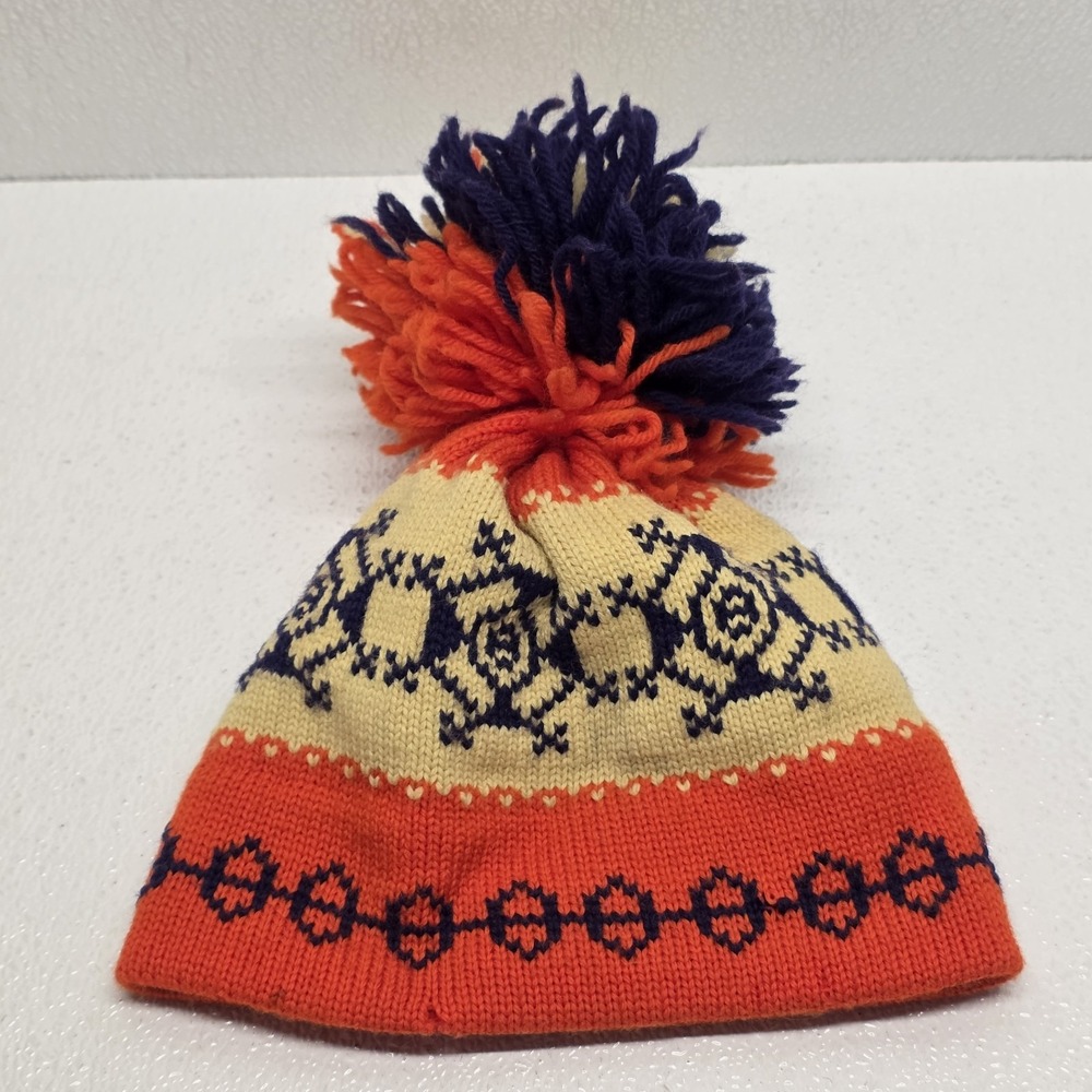 Vintage Roasty Toasty Wool Big Pom Hat Winter Ski Blue Orange Cream Snowflake